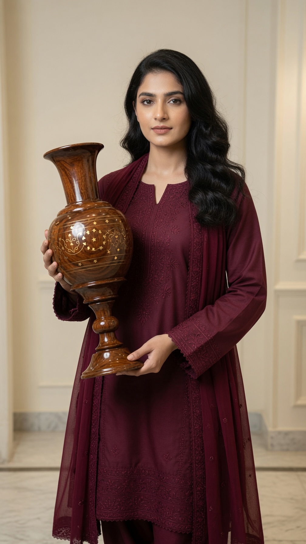 Turned sheesham flower vase with brass star inlay, held by our model