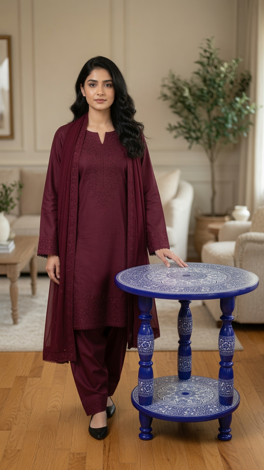 Blue naqshi two-tier round table in a living room