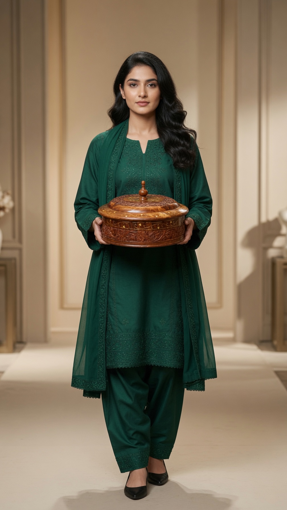 Carved sheesham hot pot carried through the showroom