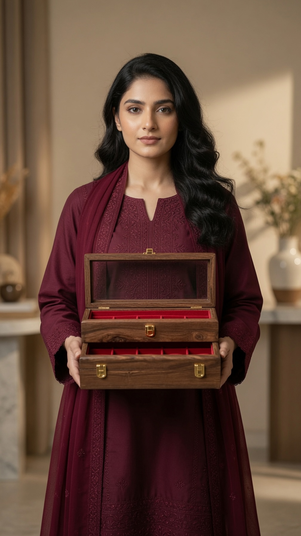 Sheesham watch and jewellery box with red velvet lining