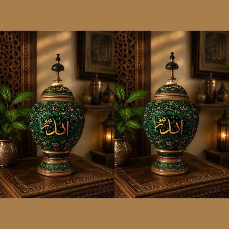 Green lacquered lidded vase with Allah written at the centre in gold