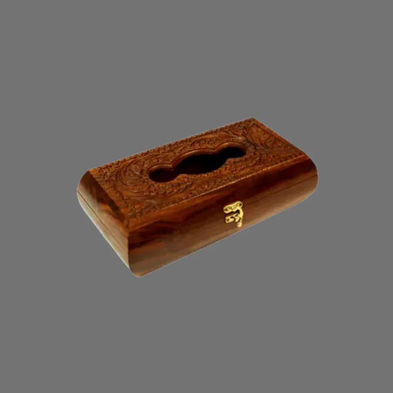 Sheesham tissue box with a hand-carved lid and a small clasp