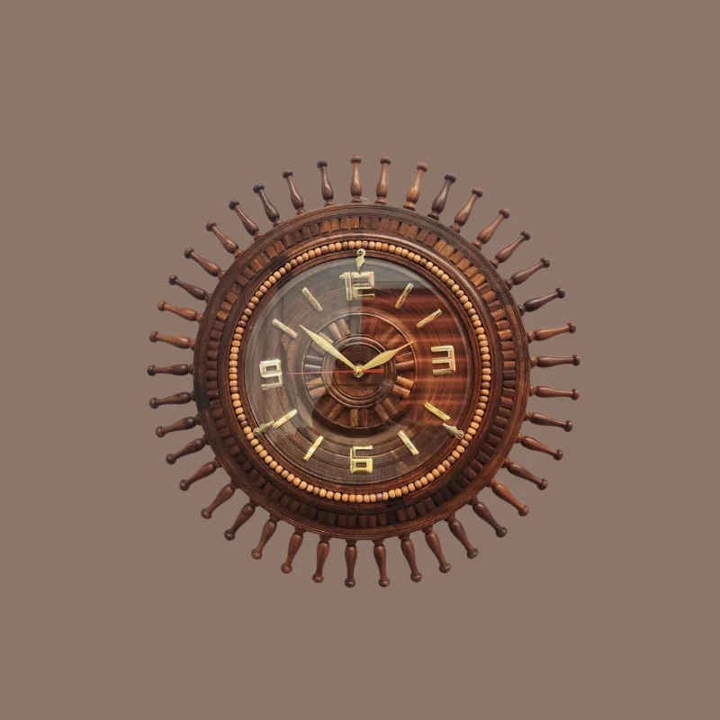 Round sheesham wall clock surrounded by carved sunburst rays
