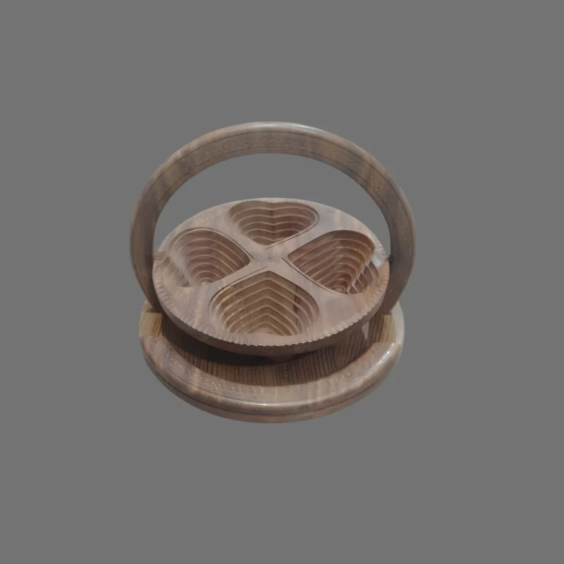 Sheesham dry fruit basket with four heart-shaped compartments under an arched carrying handle
