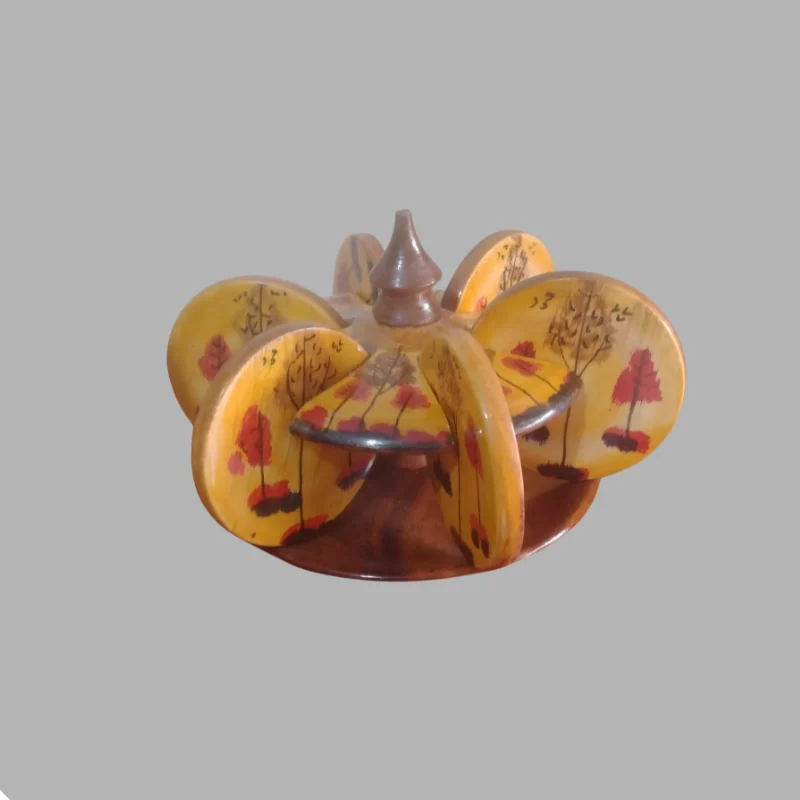 Six hand-painted wooden coasters standing around a central post in an umbrella-shaped stand