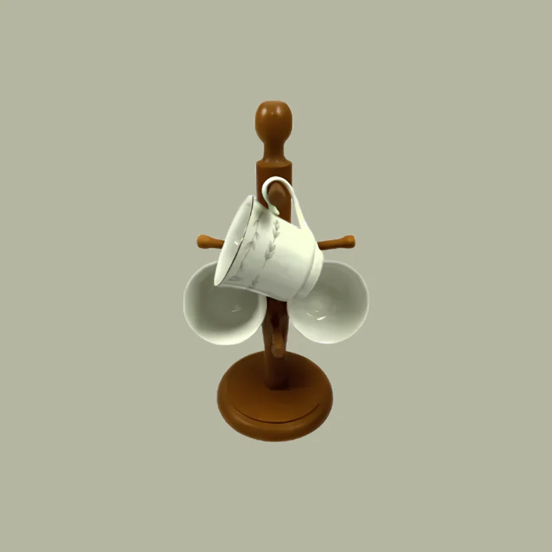 Turned sheesham cup stand with porcelain cups hanging from its pegs