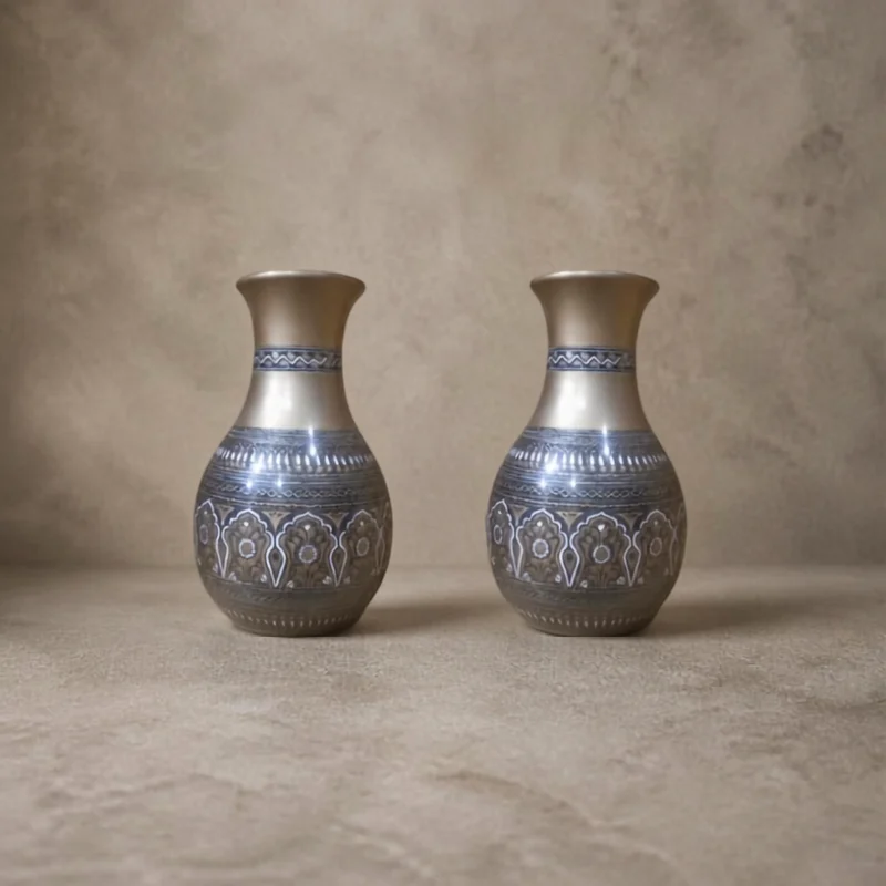 Tall lidded wooden urn in copper and teal lacquer with dense scratched detail