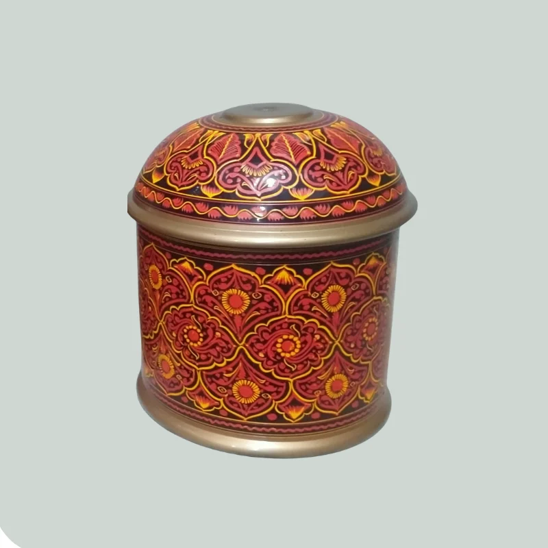Round teal lacquered box with dense naqshi bands and a patterned lid