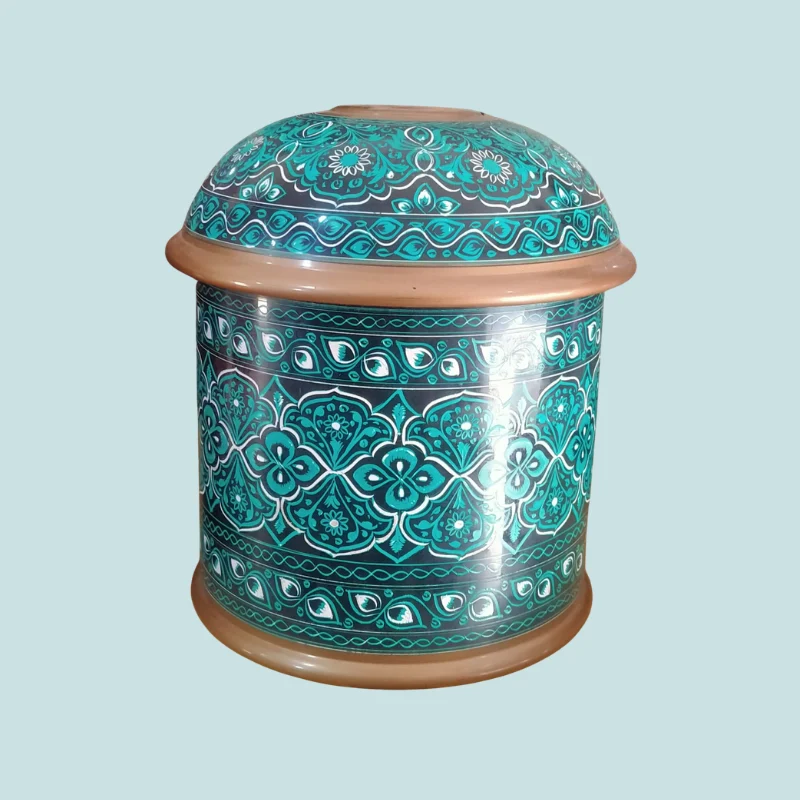 Round teal lacquered box with dense naqshi bands and a patterned lid