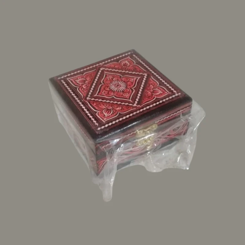 Small square box with a red floral lacquered lid on a dark base