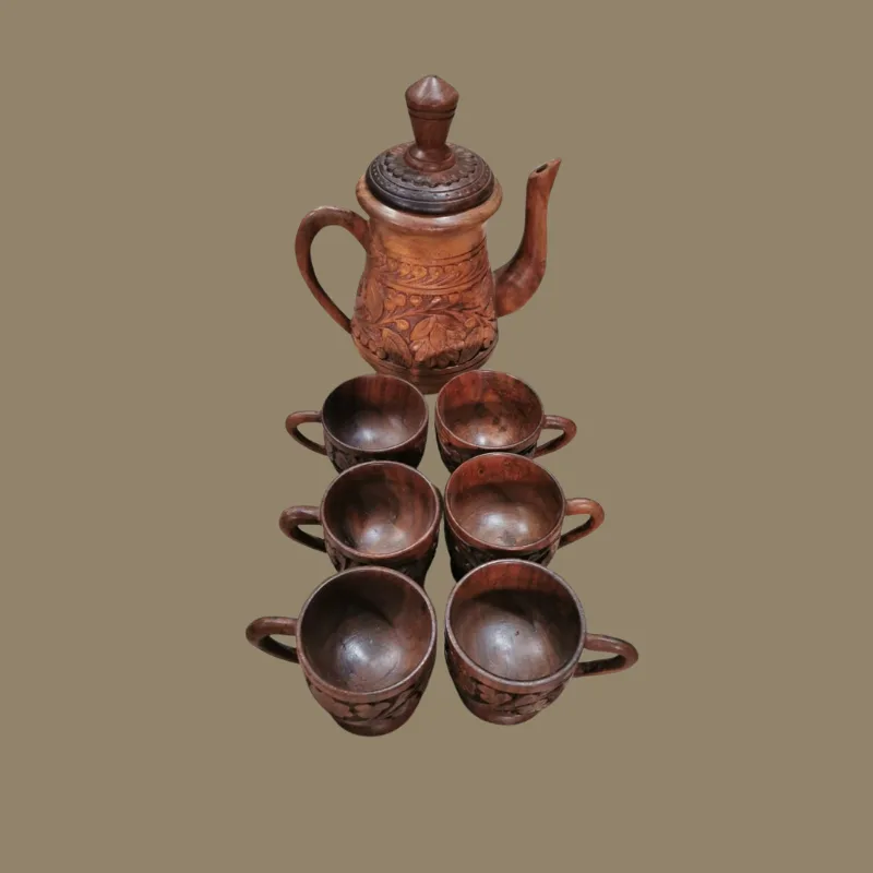 Hand-carved sheesham teapot with a lid and six matching carved cups