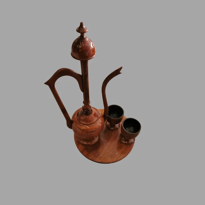 Two-foot lacquered wooden surahi with a domed lid, spout and handle, with two cups on a round tray