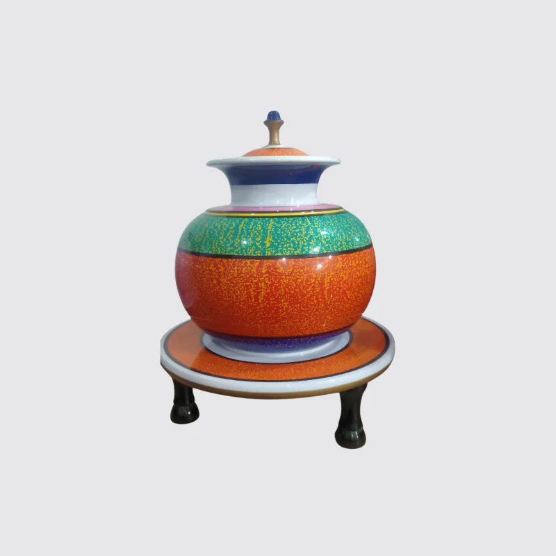 Antique-style handcrafted Sheesham Chati storage jar decorated with traditional Sillanwali Naqshi lacquer artwork, showing detailed hand-worked patterns and the natural character of the turned wooden vessel.