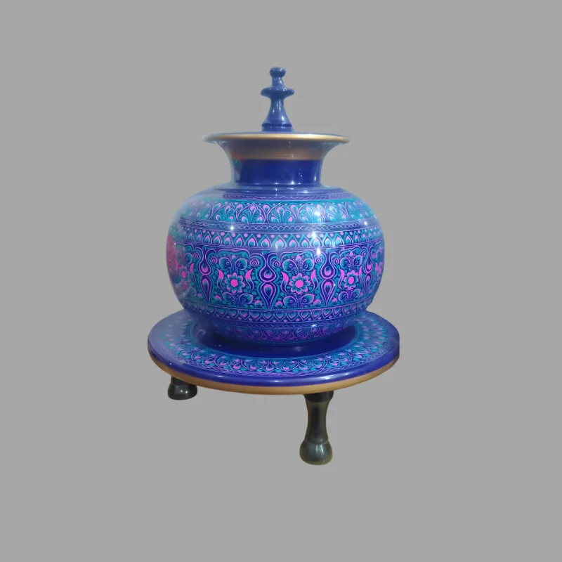 Antique-style handcrafted Sheesham Chati storage jar decorated with traditional Sillanwali Naqshi lacquer artwork, showing detailed hand-worked patterns and the natural character of the turned wooden vessel.