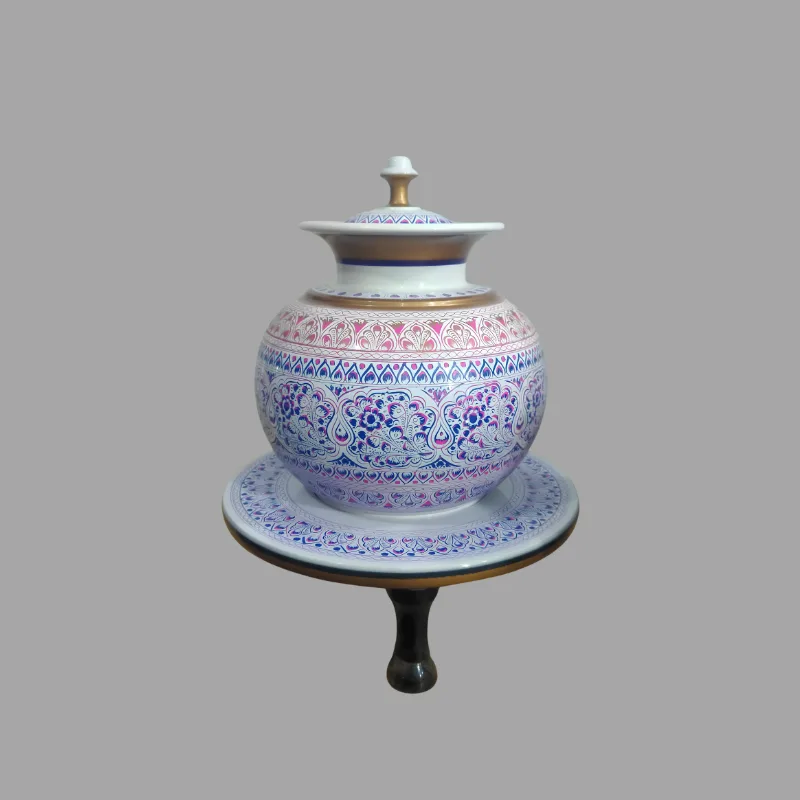 Antique-style handcrafted Sheesham Chati storage jar decorated with traditional Sillanwali Naqshi lacquer artwork, showing detailed hand-worked patterns and the natural character of the turned wooden vessel.