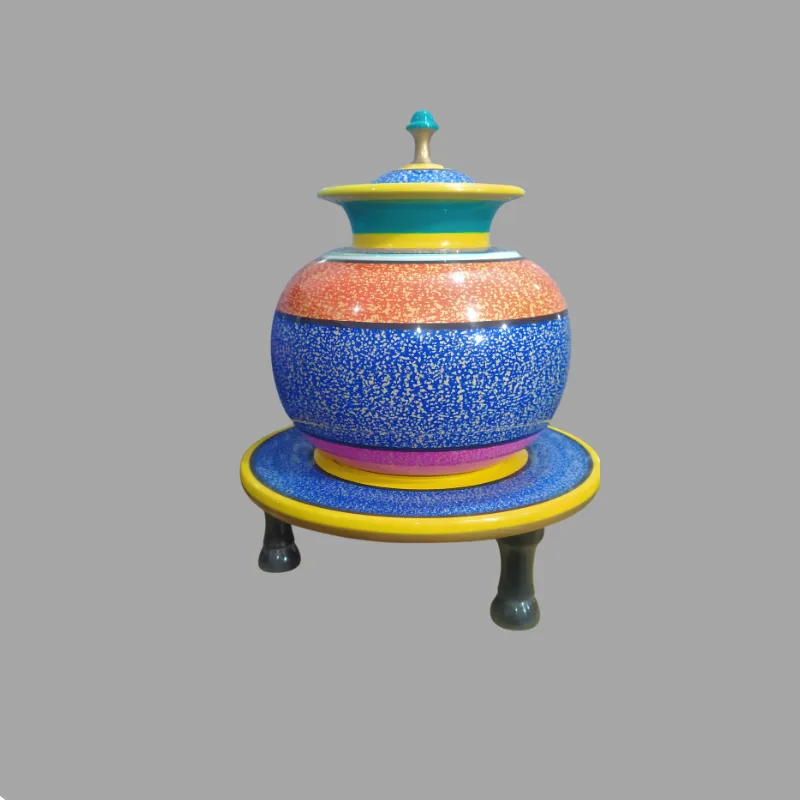 Antique-style handcrafted Sheesham Chati storage jar decorated with traditional Sillanwali Naqshi lacquer artwork, showing detailed hand-worked patterns and the natural character of the turned wooden vessel.
