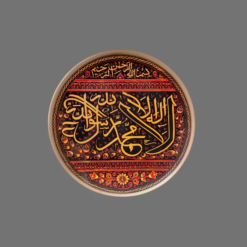10-inch naqshi lacquer calligraphy plate standing on its display stand