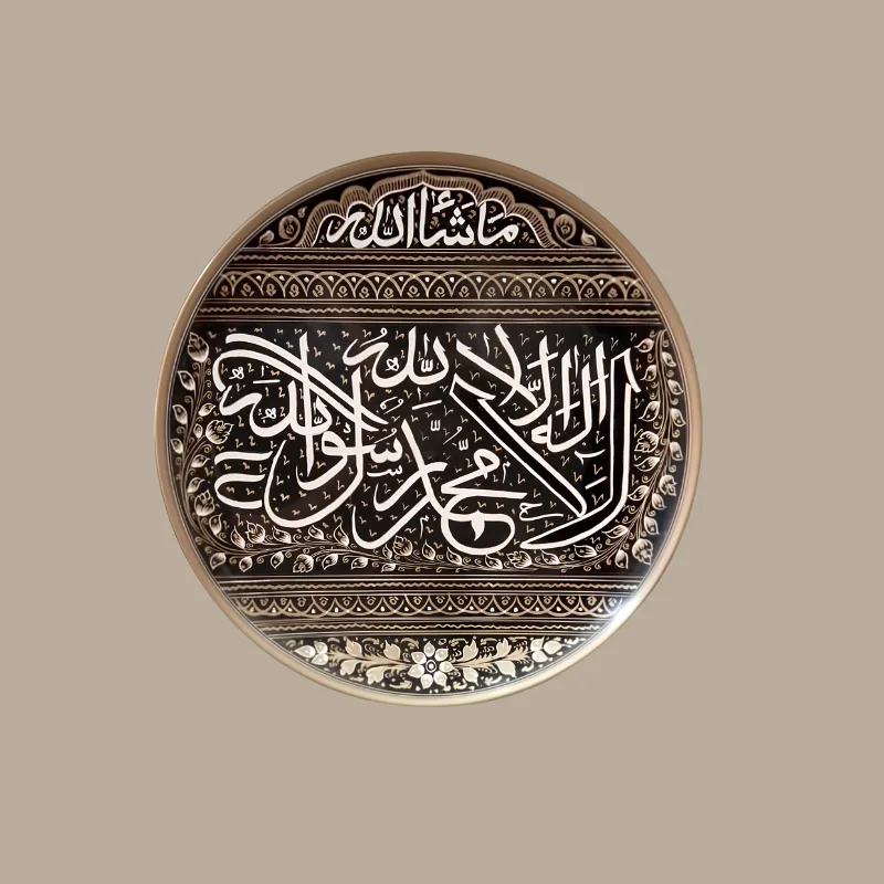 10-inch naqshi lacquer calligraphy plate standing on its display stand