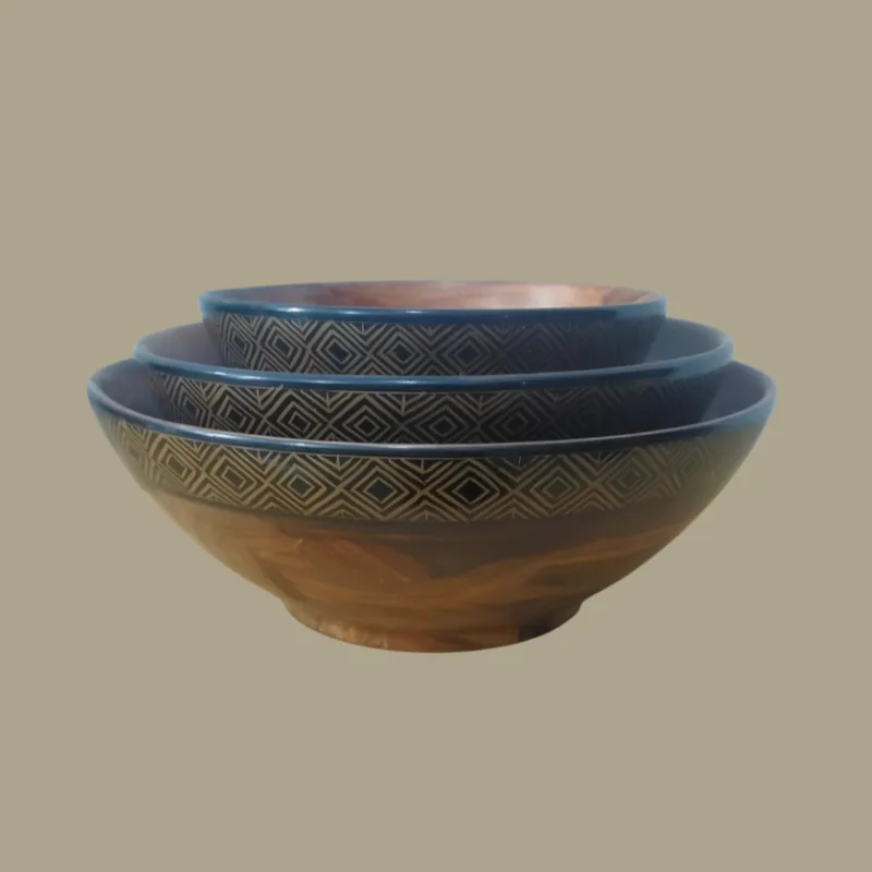 Three nesting sheesham bowls with a black and gold naqshi diamond band, stacked 8, 10 and 12 inch