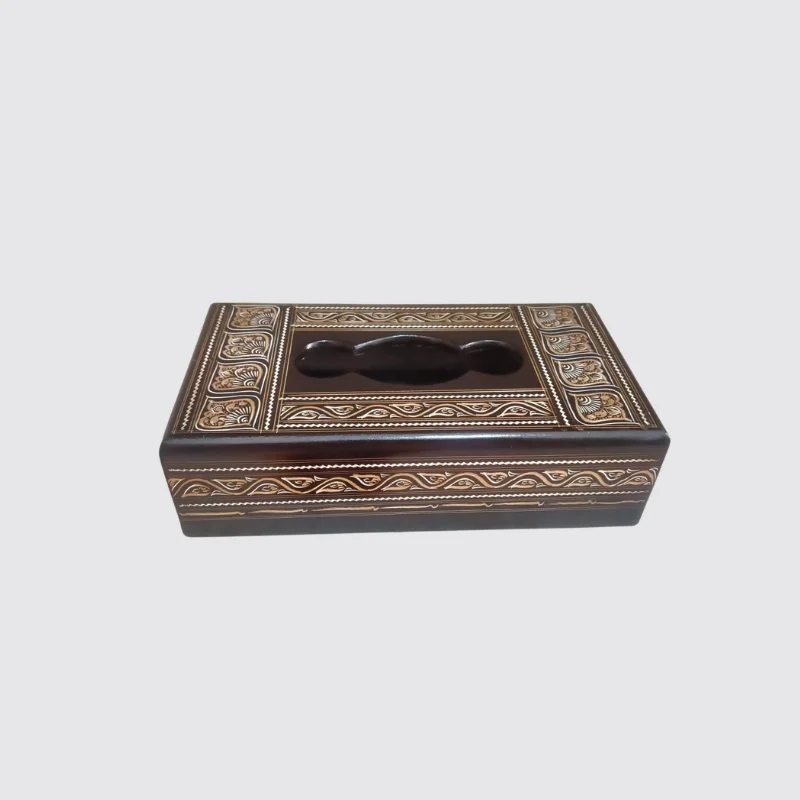 Rectangular wooden tissue box with gold and red naqshi bands along the sides