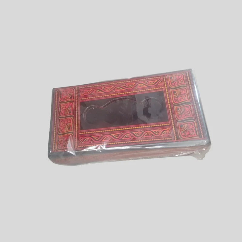 Rectangular wooden tissue box with gold and red naqshi bands along the sides
