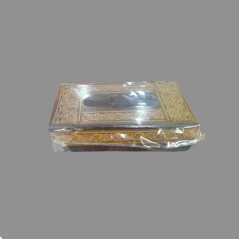 Rectangular wooden tissue box with gold and red naqshi bands along the sides