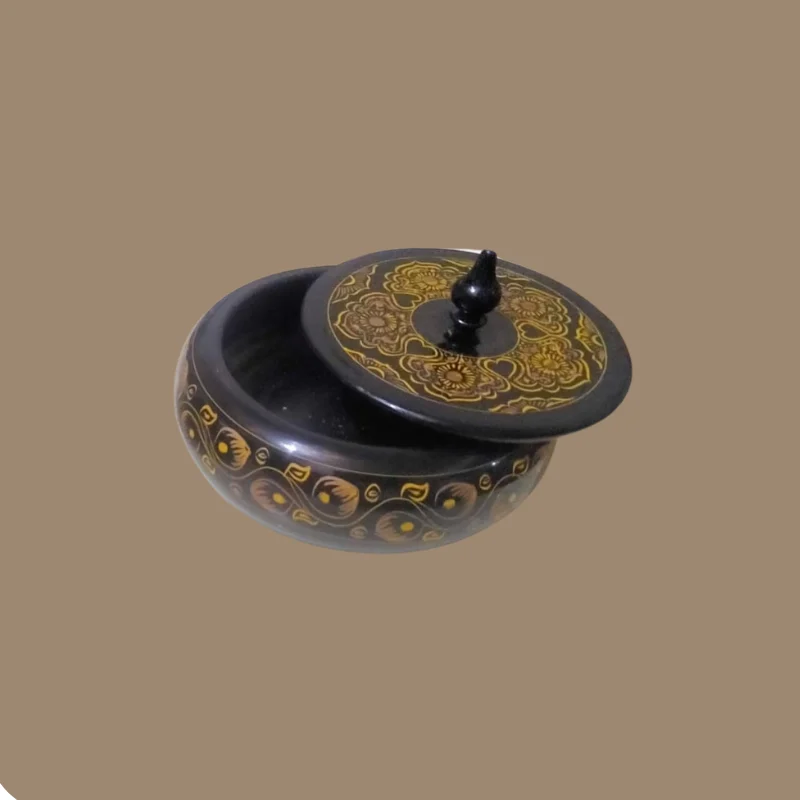 Two round naqshi powder boxes with pointed finials, one red and one black with gold