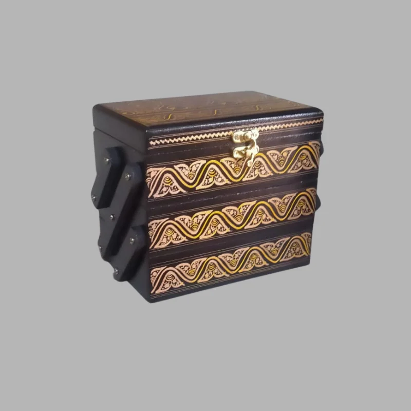 Dark sheesham jewellery box with pale banded pattern across the lid and sides