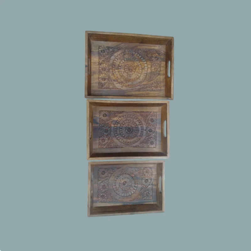 Three nesting sheesham serving trays with carved borders and cut-out handles