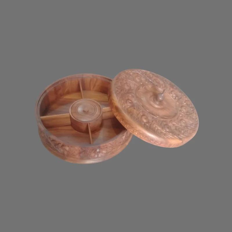Square sheesham spice box with nine compartments under a glass lid and a small clasp