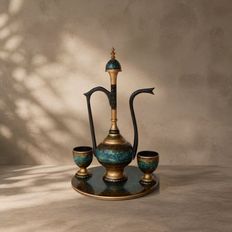 Naqshi surahi with matching cups arranged on a round patterned tray
