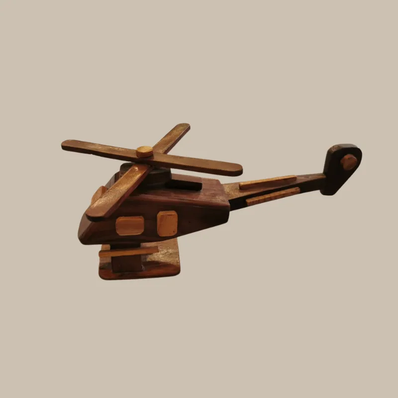 The wooden helicopter showpiece from above, showing the rotor blades