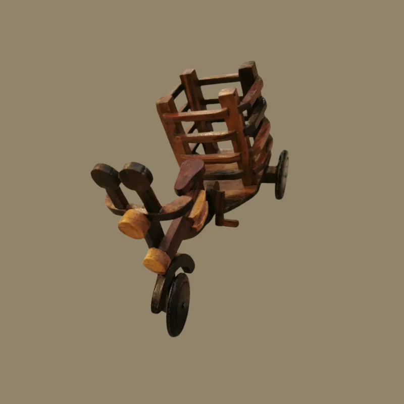 Wooden cycle rickshaw showpiece with a ladder-sided cart and turned wheels