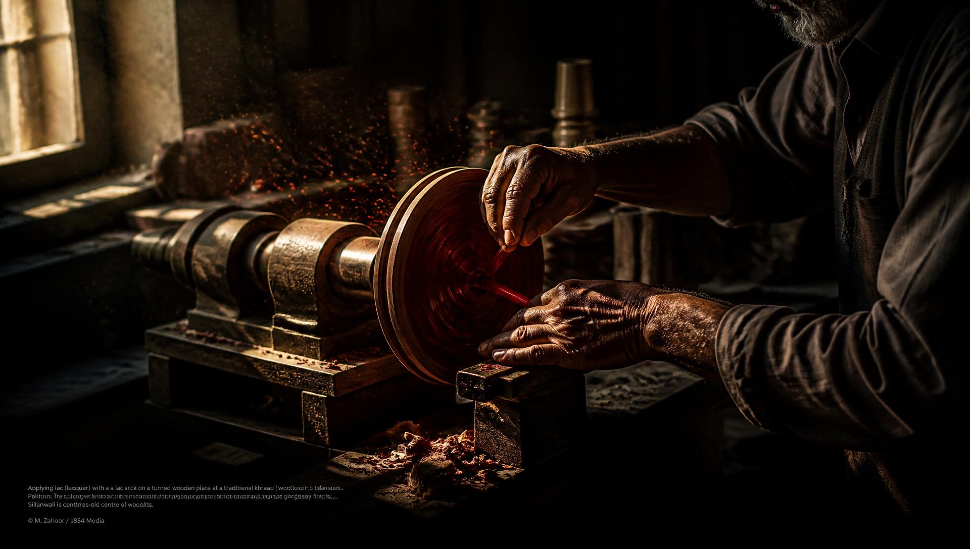 Artisan hands at a traditional khraad lathe in Sillanwali