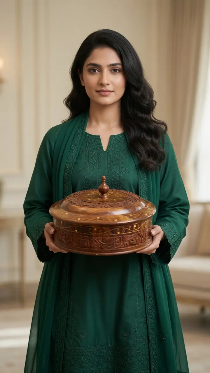Carved sheesham hot pot with brass inlay, held by our model