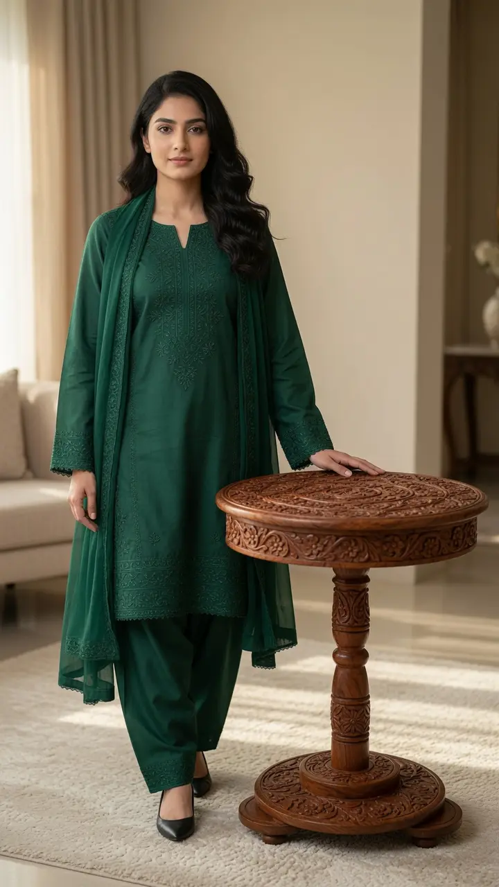 Hand-carved round pedestal side table beside our model