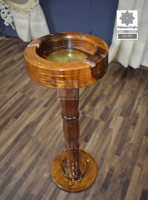 Floor-standing wooden ashtray with a glass insert on a turned pillar
