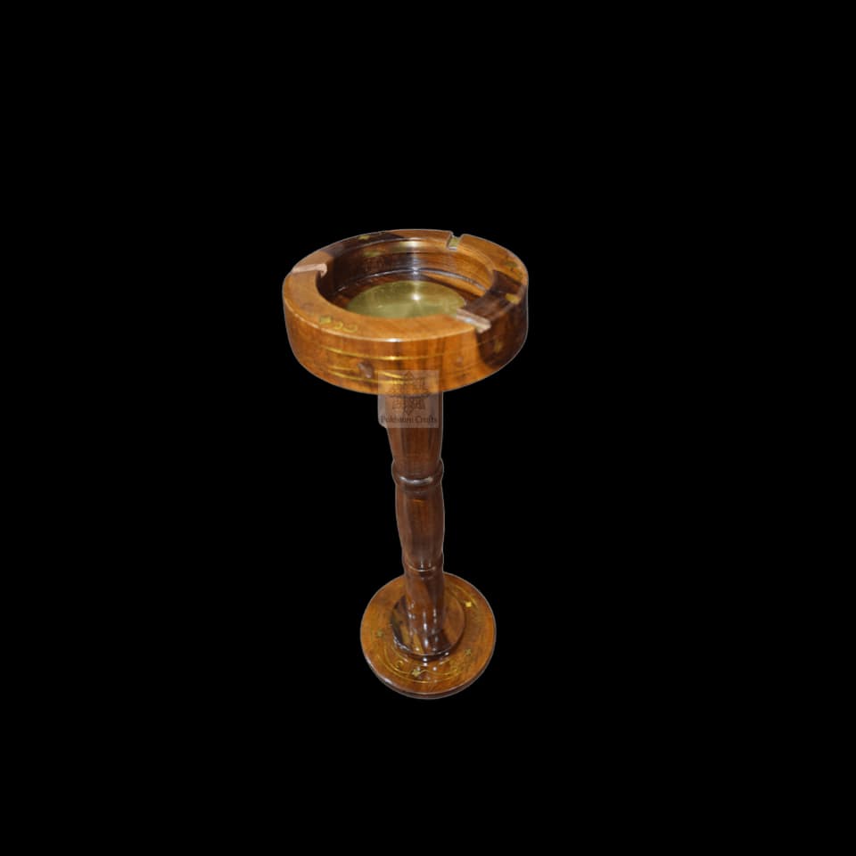 Floor-standing sheesham ashtray on a turned pedestal with a metal insert