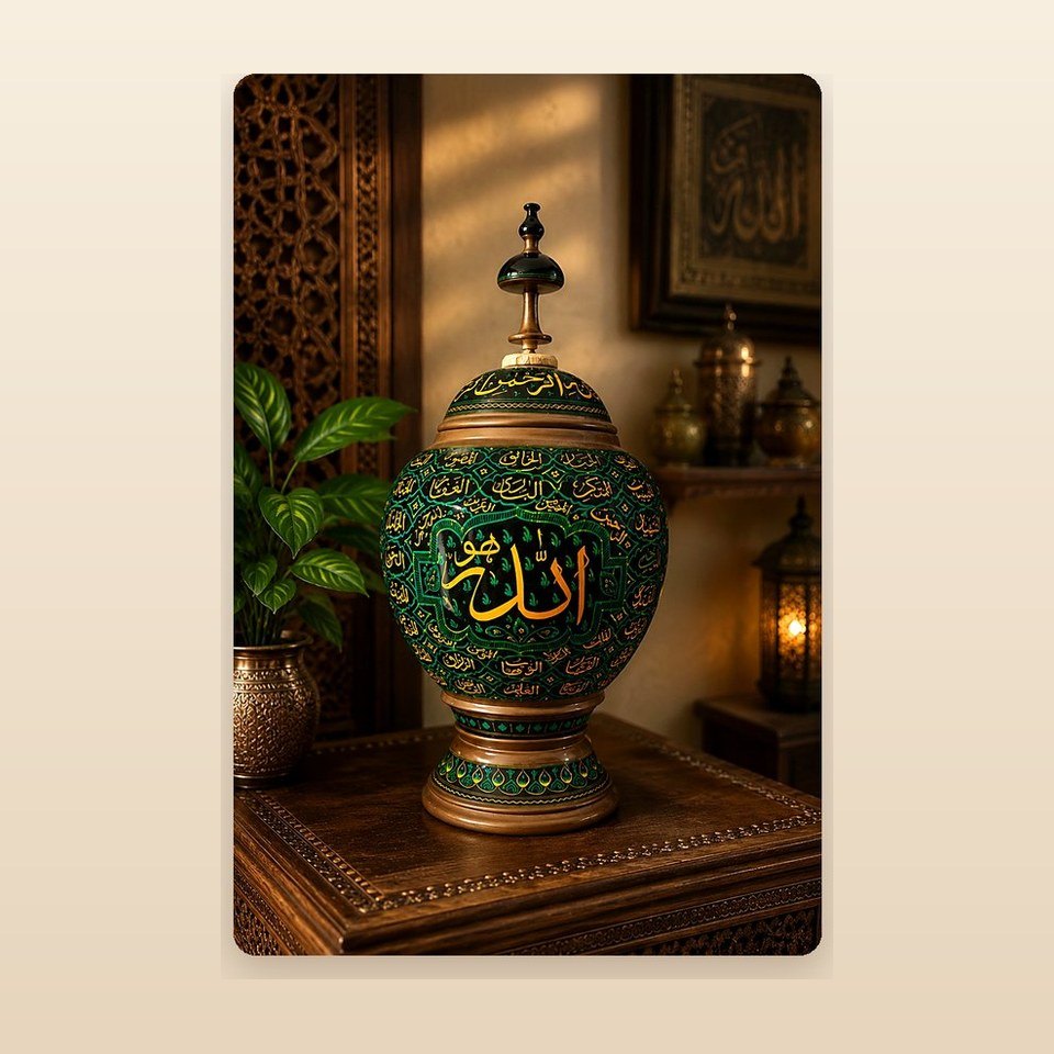 Green lacquered lidded vase with Allah written at the centre in gold