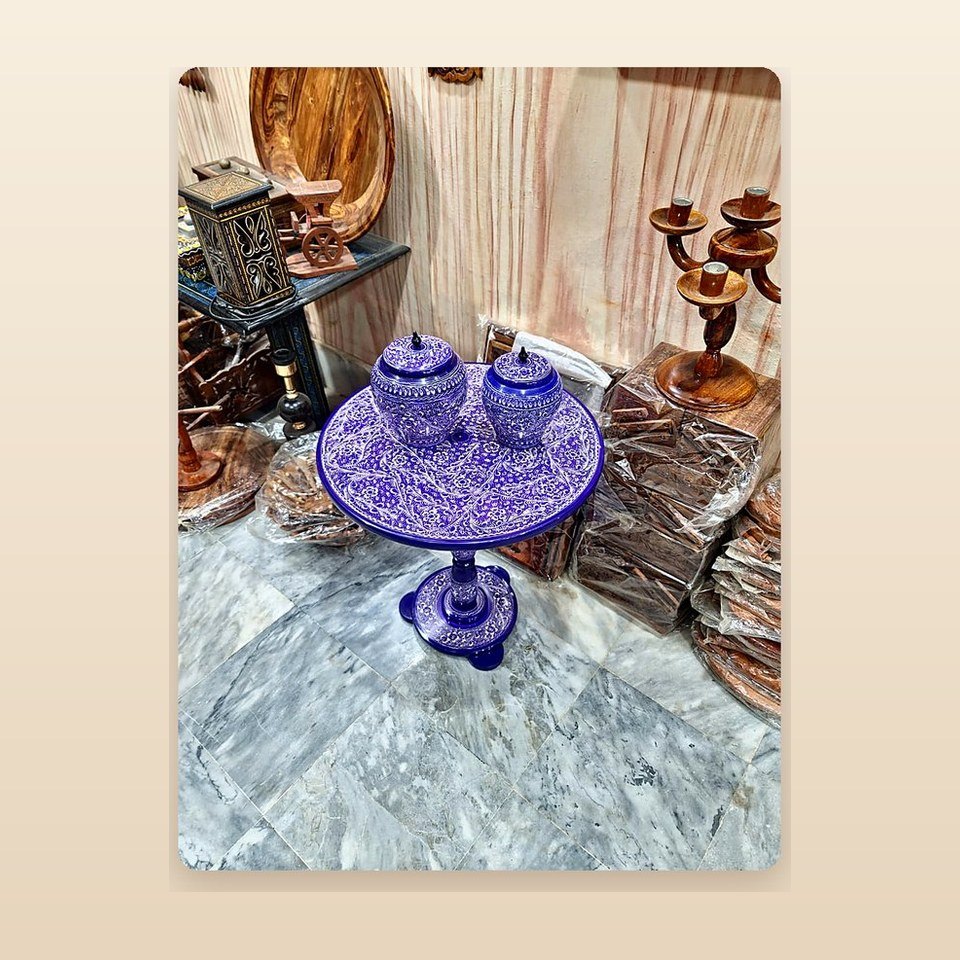 Blue naqshi pedestal table set with two matching lidded jars on top
