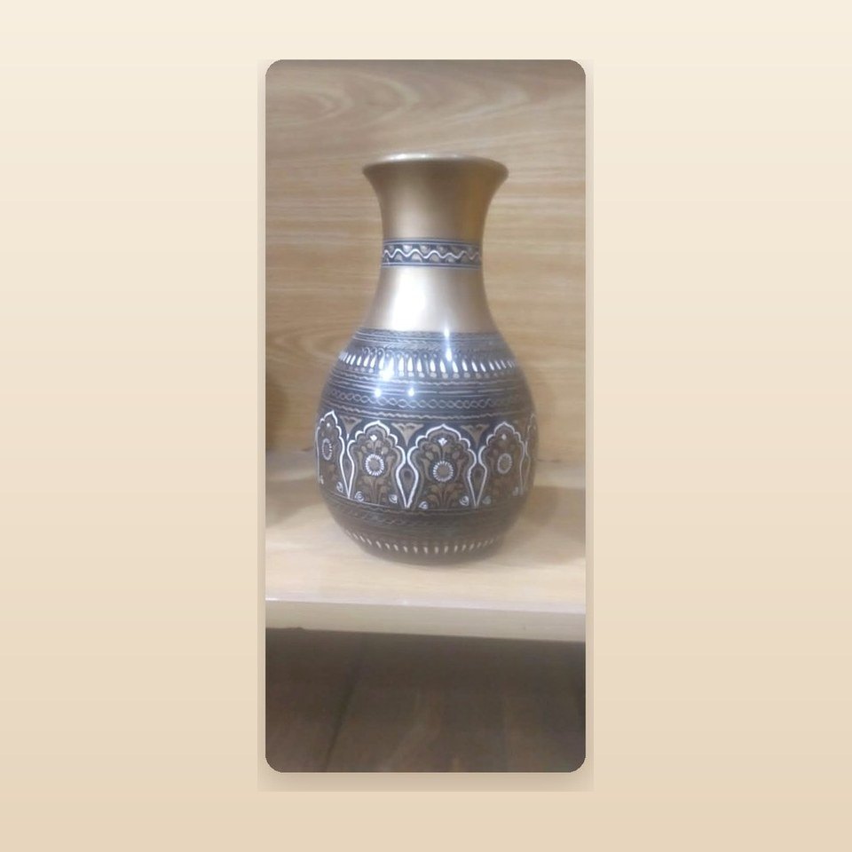 Tall silver-grey lacquered wooden vase with a patterned band around the shoulder