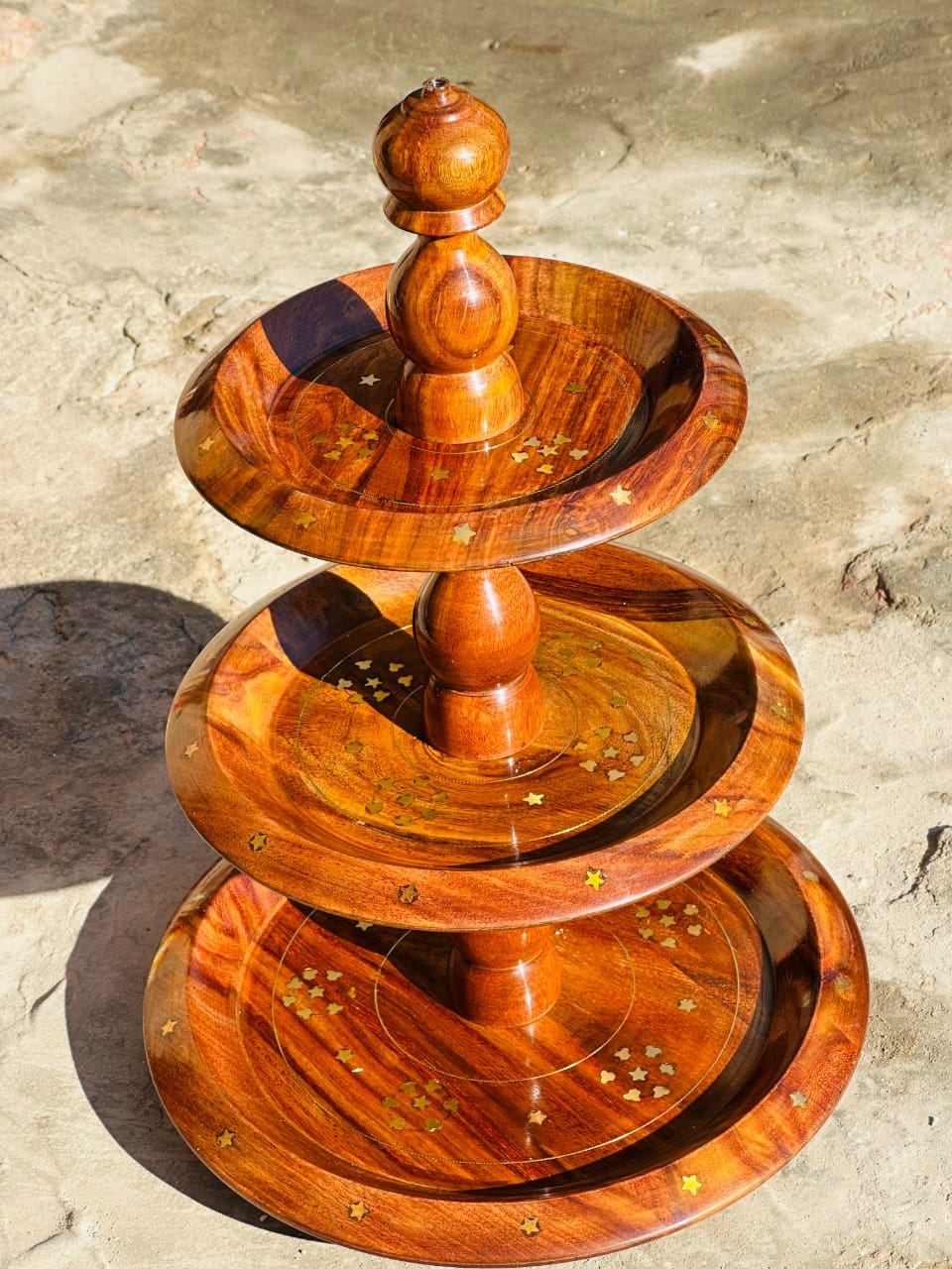 Three-tier wooden cake and snack stand