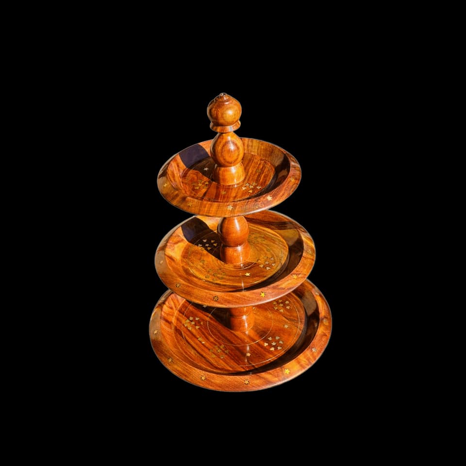 Three-tier sheesham cake stand on a turned centre post