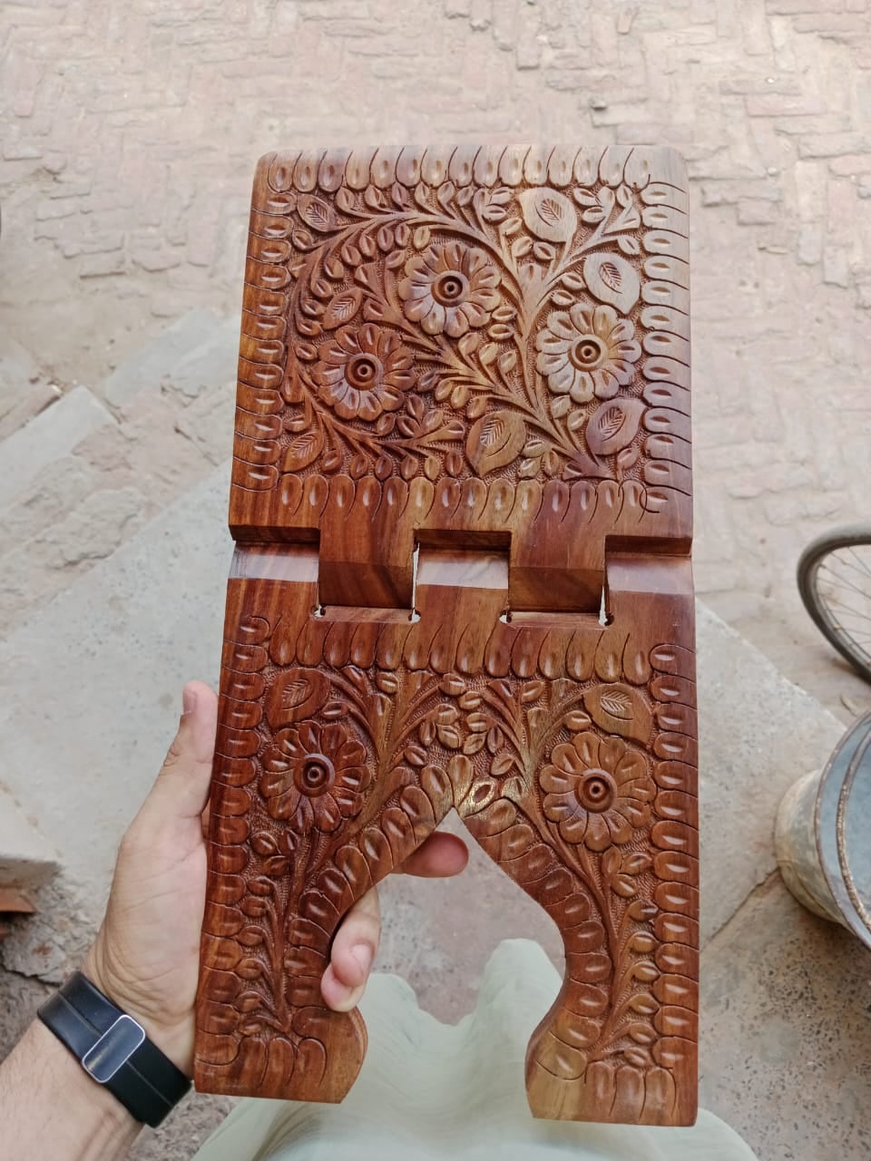 Folding carved wooden rehal Quran stand