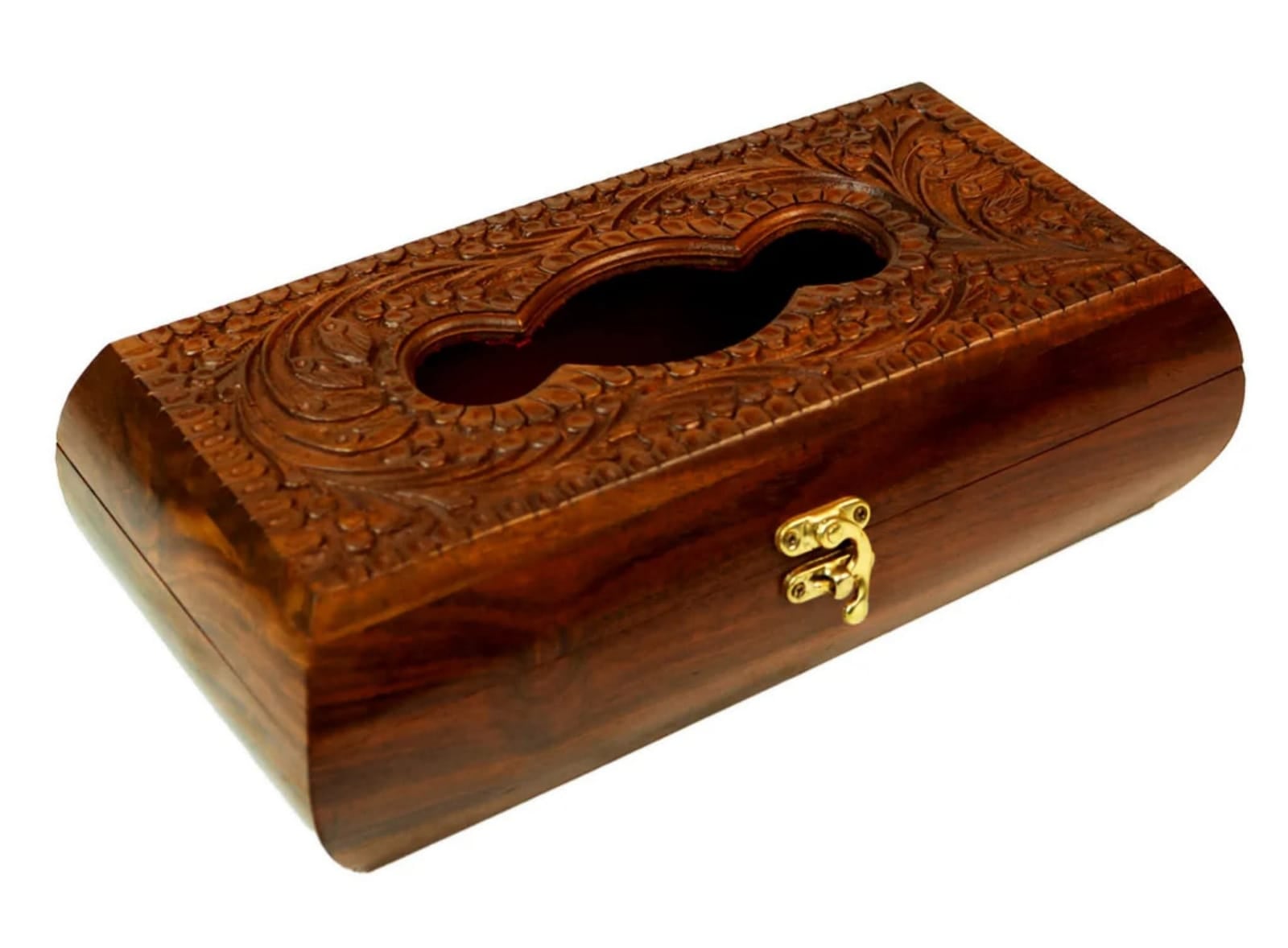 Hand-carved wooden tissue box with a brass clasp
