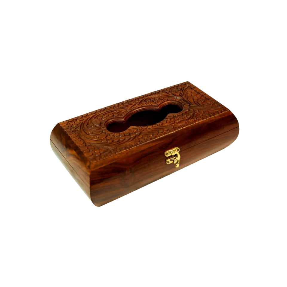 Sheesham tissue box with a hand-carved lid and a small brass clasp