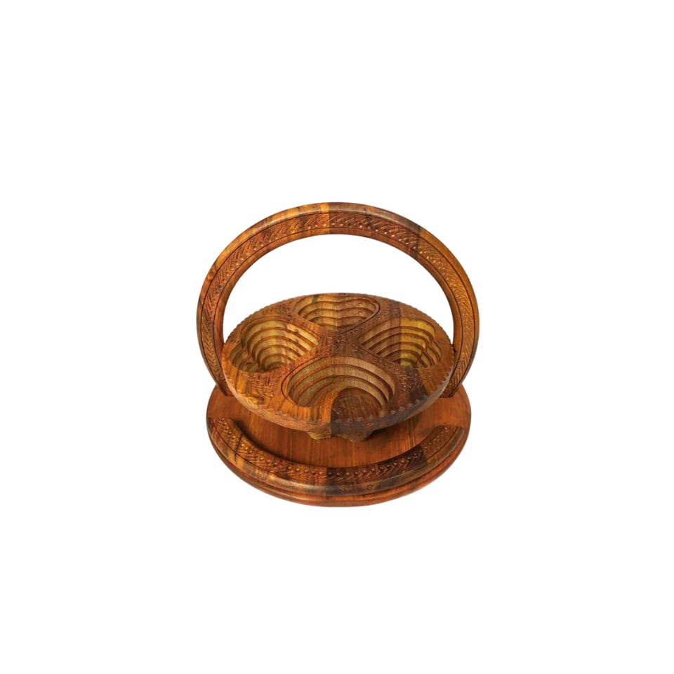 Six sheesham coasters stacked in a turned wooden holder with a carry handle