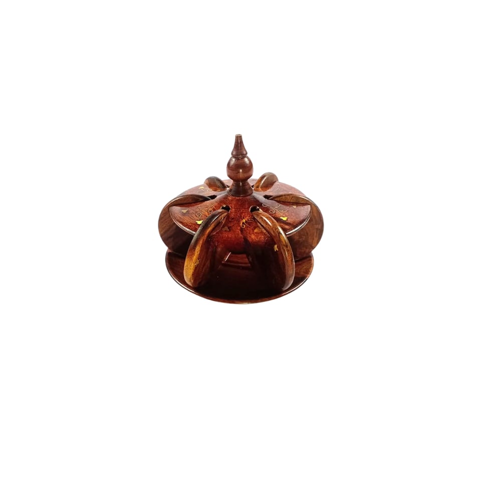 Dark red polished wooden serving dish with a petal-shaped lid and pointed finial