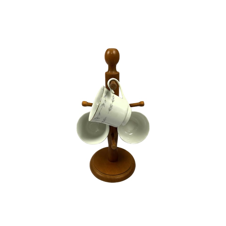 Turned sheesham cup stand with porcelain cups hanging from its pegs