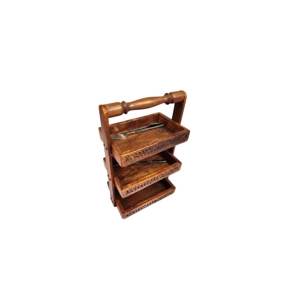 Three-tier sheesham cutlery caddy with carved trays and a turned carrying handle